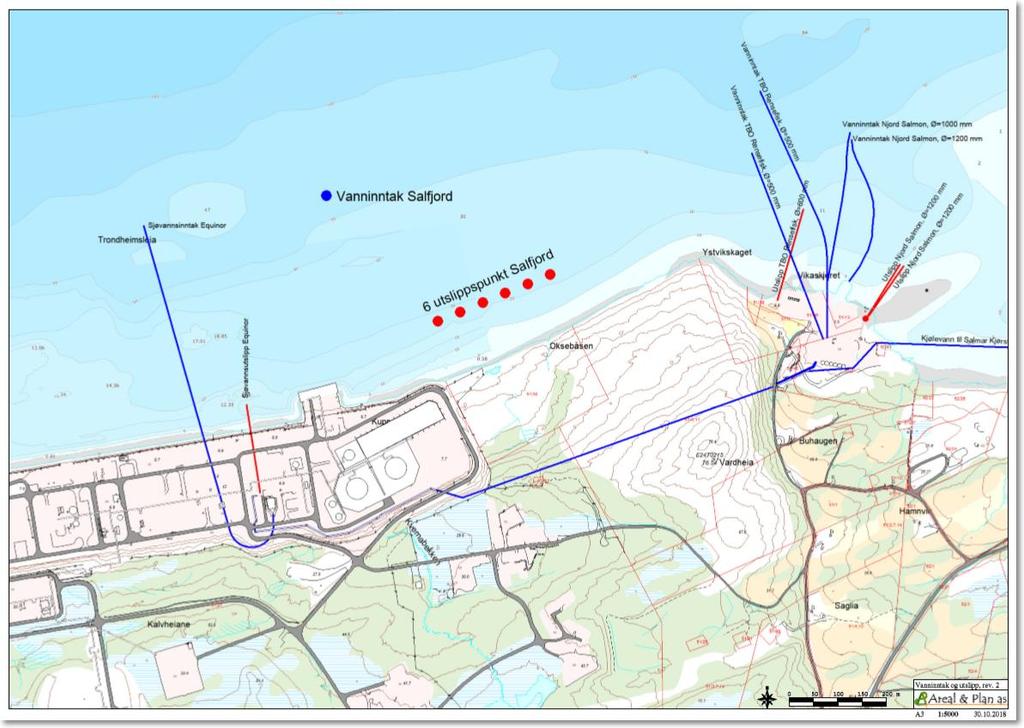 Figur 2. Oversiktskart over Tjeldbergodden med inntegnet sjøvannsinntak og utslippssted for avløpsvann for SalFjord.