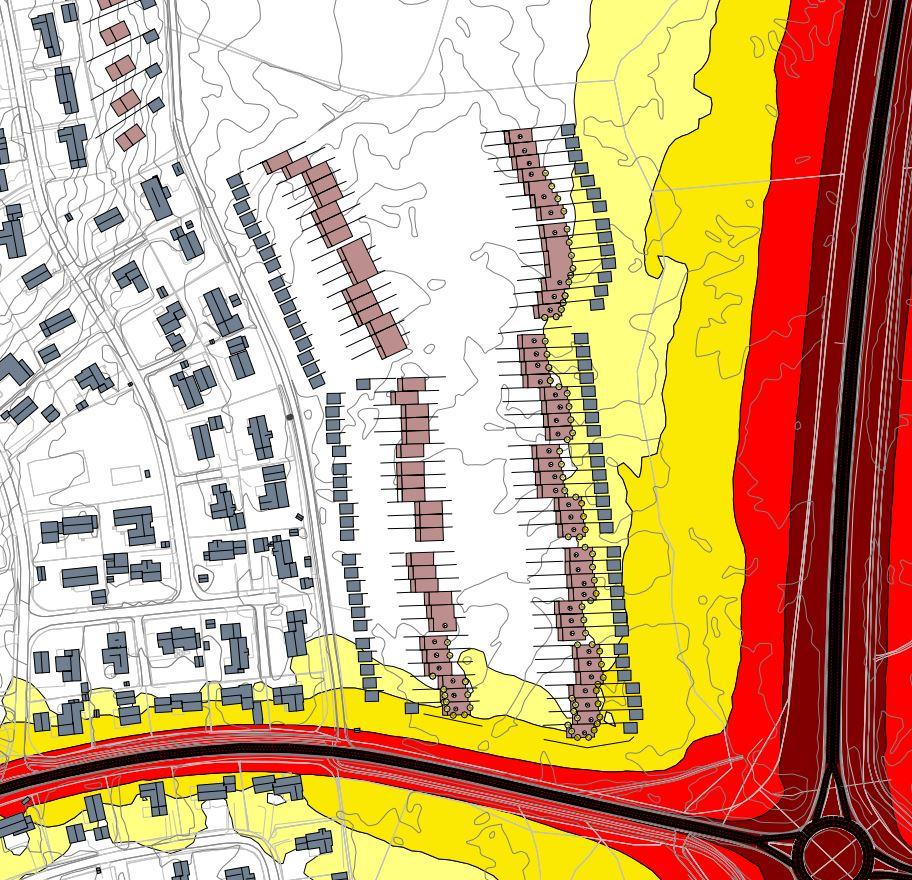 Det har blitt utført en støyfaglig beregning i tråd med retningslinjene som er vedlagt dette notatet. Beregning ved fremskrevet trafikksituasjon (2038) i høyde 1,5m er vist ovenfor.