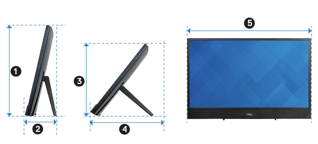 5 Spesifikasjoner for Inspiron 24-3480 Dimensjoner og vekt System dimensions and weight (without stand) (Systemdimensjoner og vekt uten fot) Tabell 2.