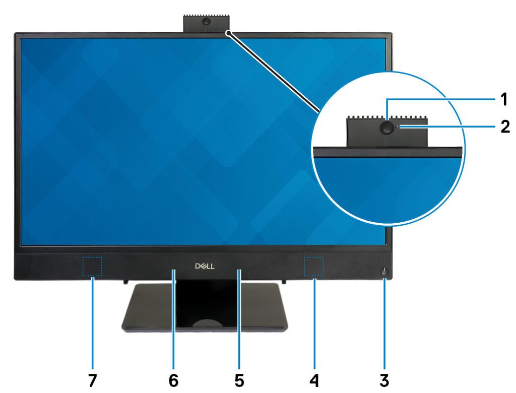 Visninger av Inspiron 24-3480 3 Front 1 Innskyvbart kamera Her kan du videochatte, ta bilder og spille inn videoer. Dette kameraet kan trekkes tilbake for å beskytte personvernet.