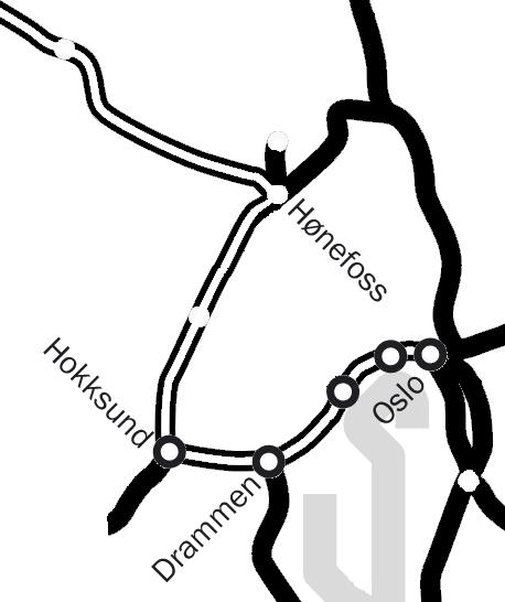 Aktuell tilbudsutvikling for regionale reiser Oslo sentrum Hønefoss Utfordringer og potensial Dagens reisetid med tog mellom Oslo og Hønefoss er ikke konkurransedyktig med buss/bil.