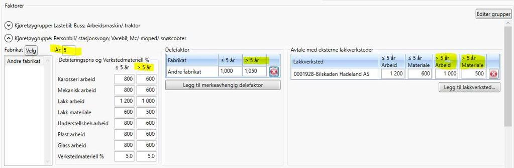 År: Ut fra hvor gammel bilen er så kan to forskjellige prisstrukturer benyttes. Fyll ut feltet År for å angi hvor gammel bilen skal være for å få lagt inn egne timepriser for dette.