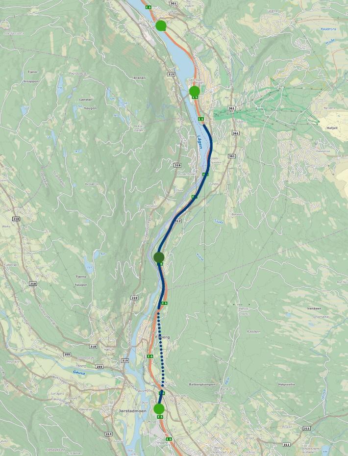 Alternativ A. Kryss ved Ensby og ny 110 km/t til sør for Alternativ B. Kryss ved Navet og ny 110 km/t til sør for krysset ved Granrudmoen. krysset ved Granrudmoen. Alternativ C0.