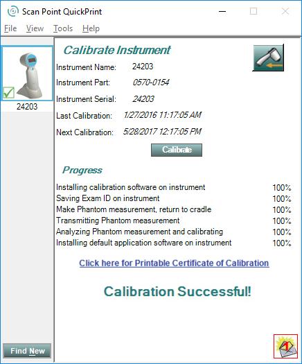 13. Hvis kalibreringsskanningen var vellykket, vil Scan Point reinstallere enhetsprogramvaren, og meldingen «Calibration Successful» (Kalibrering vellykket) vises i Scan Point.