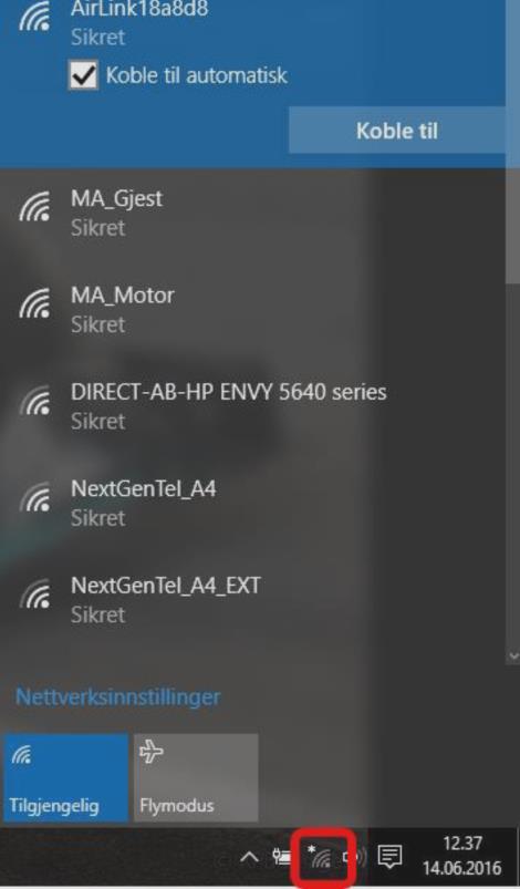 Trådløs tilkobling Windows 10: 1. Klikk på WiFi-ikonet (se nederst på bildet til venstre). 2.