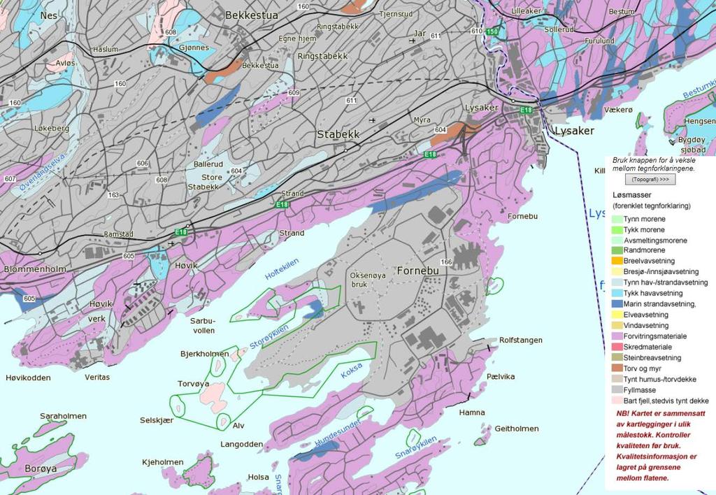 5 Figur 3 Løsmassekart over E18 fra Lysaker til Ramstadsletta (NGU) Det er gjennomført geotekniske undersøkelser i området.