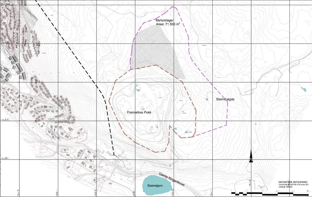 Figur 5-17: Utsnitt fra tegning som viser området ved steinbruddet som skal brukes som mellomlager Delområde S3 Nordre Kolsås Variant Drill & Blast Det vil ikke være synlige anlegg i dagen i