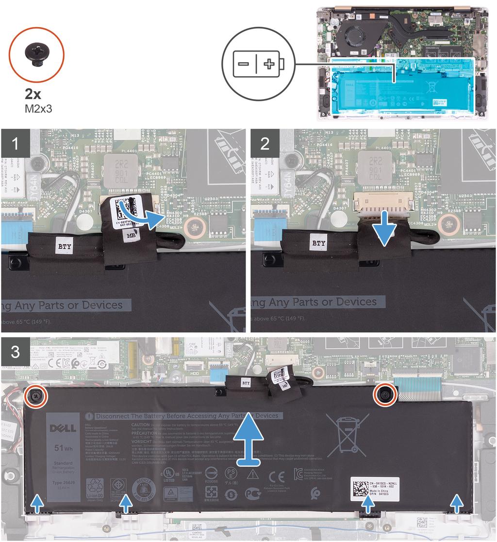 1. Fjern tapen som fester batterikabelen til hovedkortet. 2. Koble batterikabelen fra hovedkortet. 3. Fjern de 2 (M2x3)-skruene som fester batteriet til håndleddstøtten og tastaturenheten. 4.