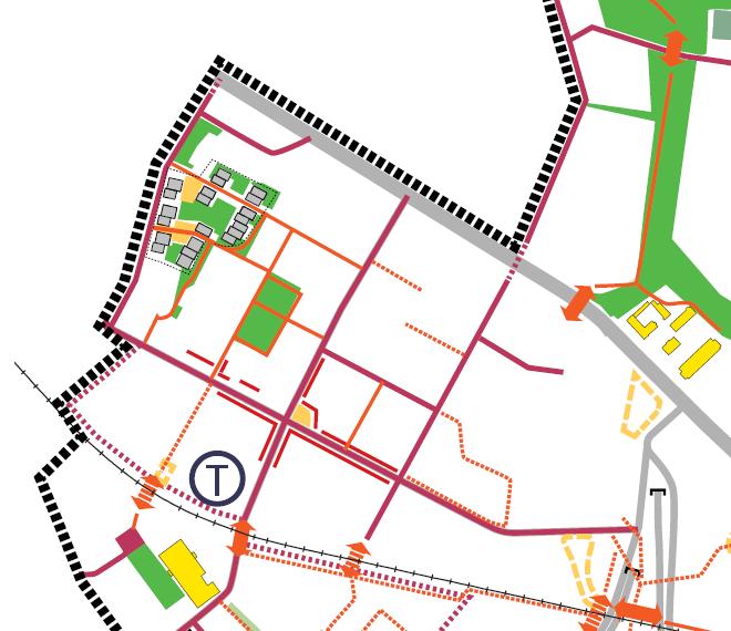 Fig 4.9 Planområdet inntegnet på Analysekart fra PBE`s områdeplan for Løren (VPOR Løren). Kartet viser en overordnet bruk med ca 6700 nye boliger. Næring i blått, offentlig formål (skole) i mørk rødt.