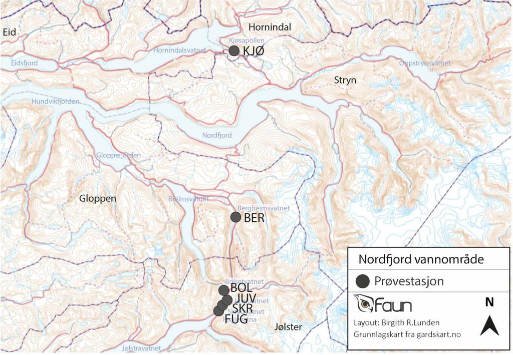 3.4 Nordfjord vannområde Figur 7. Innsjøer fra Nordfjord vannområde som inngår i denne undersøkelsen. Forkortelser som i tabell 9. Kjøsapollen er ei vik i den østlige delen av Hornindalsvatnet.