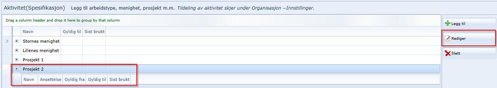 Man kan trykke på hver linje og se info om hvem som kan spesifisere på aktiviteten, når den er gyldig, og når den sist var brukt.