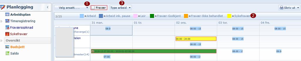 Man kan også velge hvilke ansatte man kan se, bruk knappen Velg ansatt. Til de tre punktene i rødt: 1. Man kan filtrere visning etter stilling. Gå til Planlegging->Oversikt->Velg ansatt->stilling.