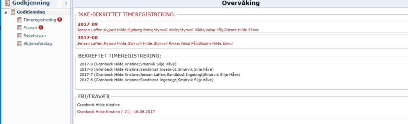 Merk at under «Fri/fravær» vises «ikke-godkjente» søknader i rødt når datoen(e) for søknaden er passert.