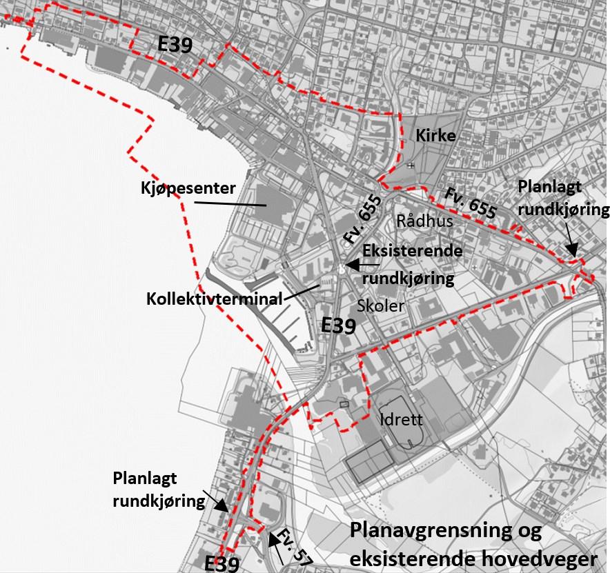 2 Strekninger på om lag 1,5 km av europaveg E39 og 0,8 km av fylkesveg 655 ligger innenfor planavgrensingen.