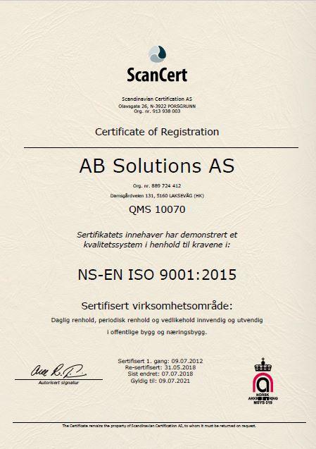 2.4 ISO - sertifikat Miljø - sertifiseringer AB Solutions innehar følgende ISO sertifiseringer: NS-EN ISO 9001:2015 for kvalitetssystem NS-EN ISO 14001:2015 for miljøsystem BS - OHSAS 18001:2007 for