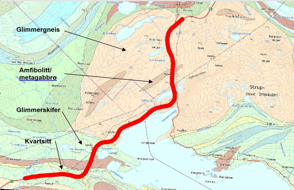 Figur 2: Berggrunnskart delstrekning 3 2.2 Løsmasser Løsmassene i planområdet består av ulike typer avsetninger, se også utsnitt av NGUs løsmassekart i figur 3.