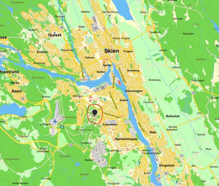 Fra E-18 v/grelland (nordre Vestfold): Følg skilting til Skien sentrum, riksvei 32, deretter fylkesvei 354. Følg skilting til Skien fritidspark.