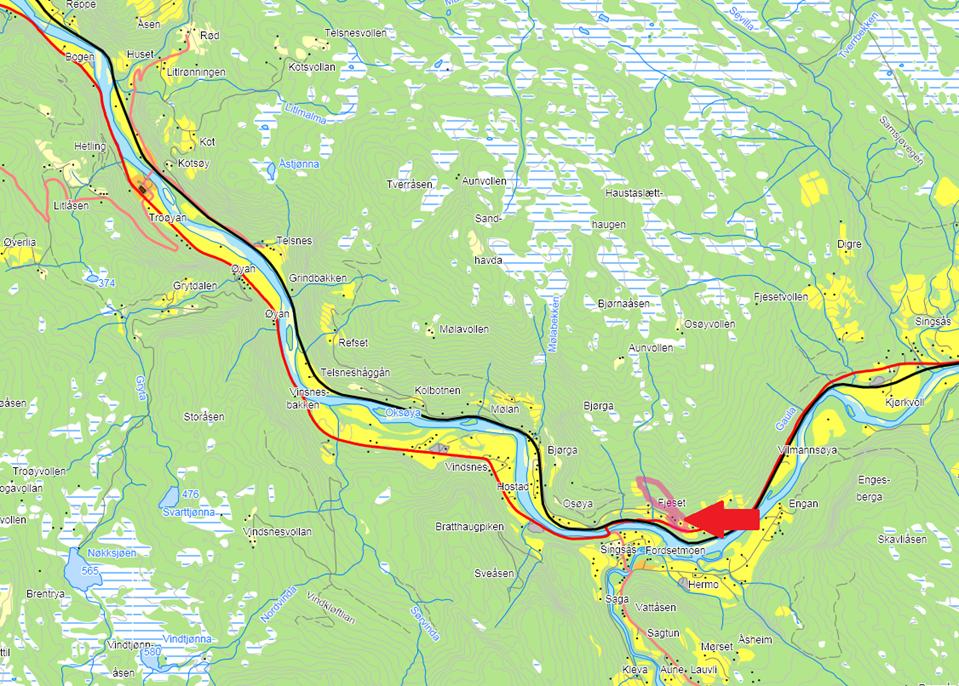 Figur 1 Oversiktskart over deler av Midtre Gauldal kommune. Området det søkes dispensasjon er vist med rød pil. Gjeldende plan: Figur 2 Oversiktskart over deler av kommunedelplan Forsetmoen Singsås.