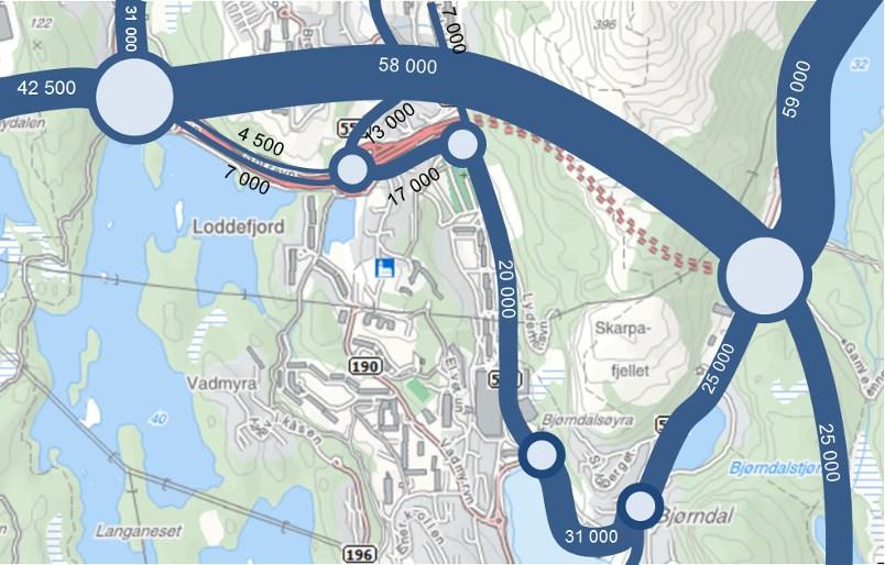 Alternativ 2: Ny fire-felts biltunnel fra Storavatnet med gjennomgående løp til Ringveg vest, kollektivtrafikken på dagens rv.