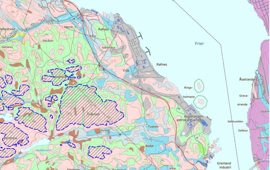 Kvartærgeologisk kart viser at store deler av dagens industriområder består av fyllmasser (grå skravur) og områder med bart fjell, stedvis tynt dekke (rosa farge) og tynt lag med morene (grønn farge).