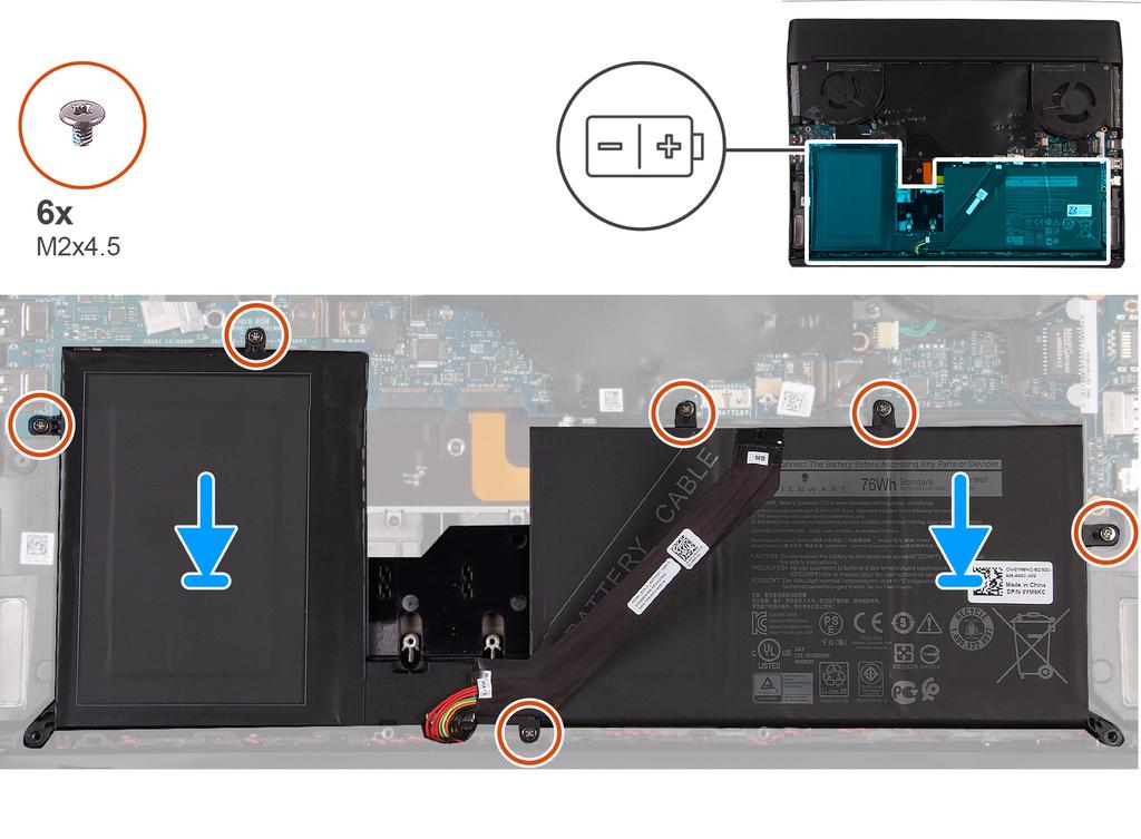 1. Kontroller at batterikabelen er koblet fra hovedkortet. 2. Fjern (M2x4.5)-skruene som fester batteriet til håndleddstøtten. 3. Ta ut batteriet fra håndleddstøtten.