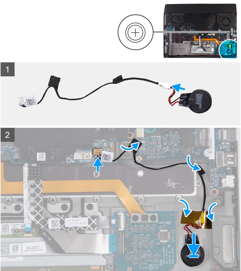 1. Koble kabelen for knappcellebatteriet fra kontakten på hovedkortet. 2. Fjern tapen som fester kabelen til knappcellebatteriet til høyre I/O-kort og håndleddstøtten. 3.