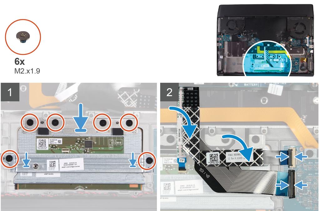 6. Løft styreplatekabelen fra håndleddstøtten. 7. Fjern (M2x1.9)-skruene som fester strøttebraketten for SSD-disken til håndleddstøtten. 8. Løft strøttebraketten for SSD-disken fra håndleddstøtten. 9.