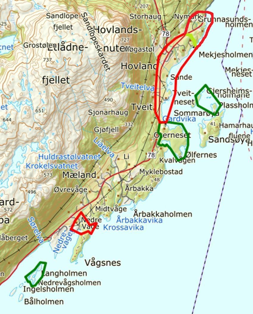 NYMARK - HOVLAND - TVEIT I delområde Nymark-Hovland-Tveit søraust på Tysnes er det aktuelt å etablere friområde for gjess, samt på følgjande øyar utanfor.