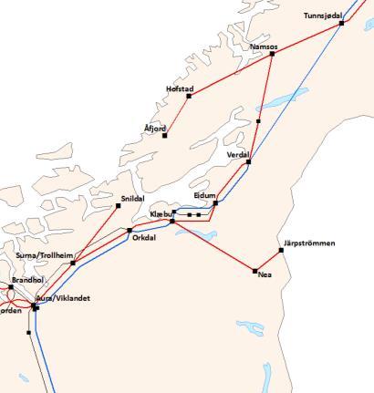 Røssåga til Aura via Klæbu. Fra Klæbu går det en 420 kv-ledning til Sverige. Videre fra Aura går det en 420 kv-ledning vestover mot Sogndal og en 300 kv gjennom Gudbrandsdalen til Fåberg.