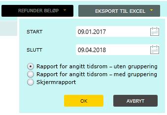 5. Eksport til Excel Fra transaksjonsoversikten kan en eksportere en oversikt på transaksjonen til Excel. Dette gjøres ved å klikke på knappen oppe til høyre i menylinjen.