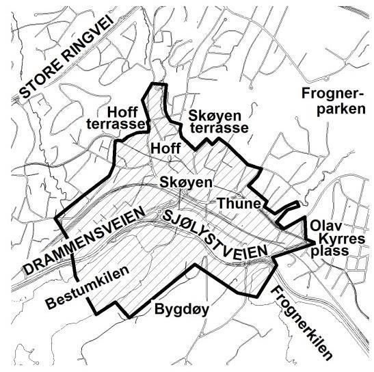Om analyseobjektet Beskrivelse av analyseområdet Planområdet for områderegulering Skøyen ligger i bydel Ullern. Totalt utgjør planområdet ca. 1 378 713 m 2.