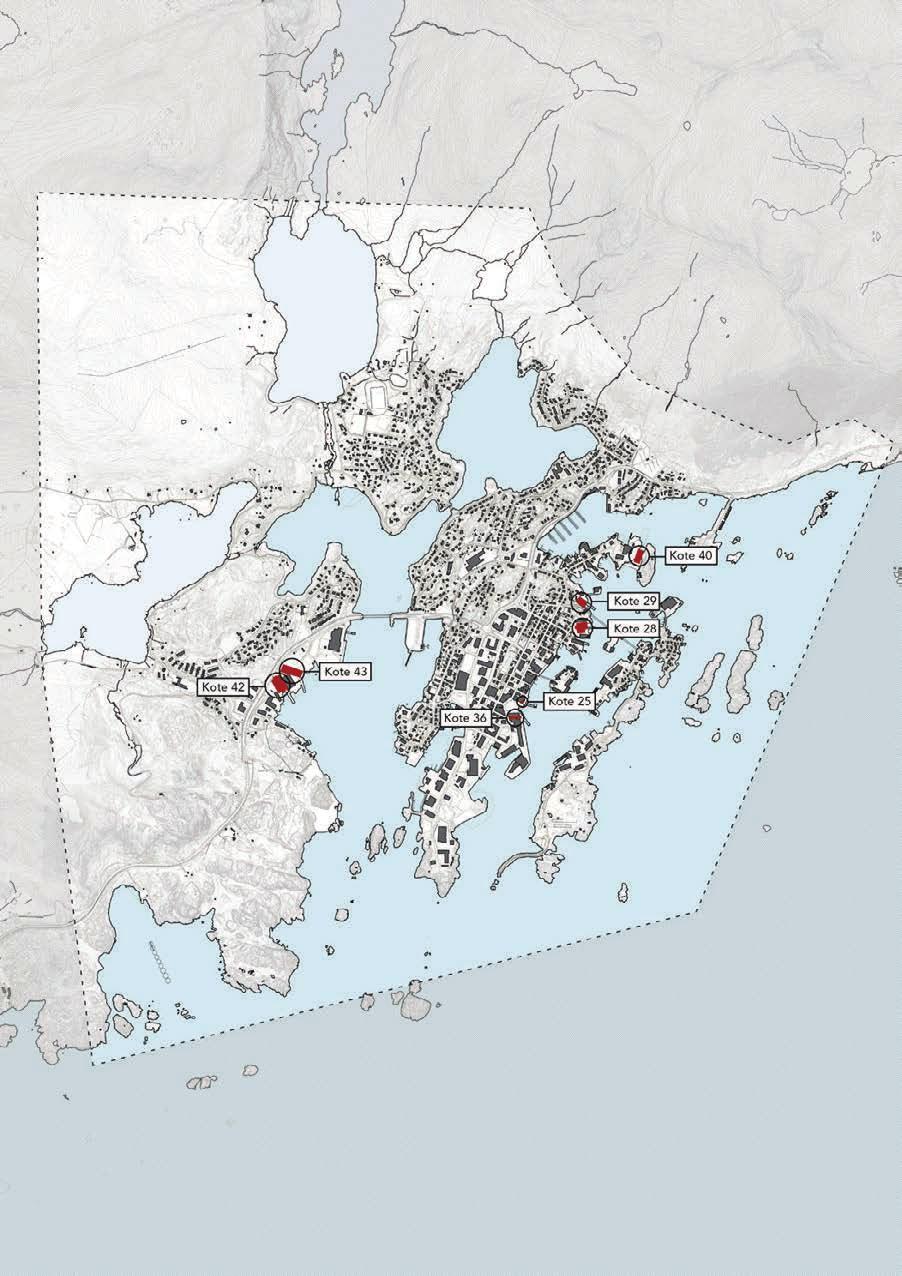 BYGGEHØYDER Svolvær har begrenset med areal. Hvordan utnytter vi arealene best mulig? Ulike høyder i ulike områder. Kote 40 max (11-12 etasjer) med 150 meter avstand.