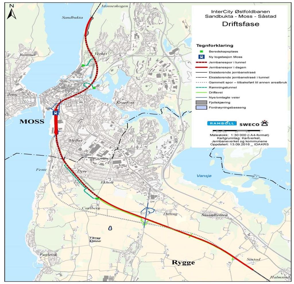 SMS-prosjektet: 10 km nytt dobbeltspor gjennom Moss og Rygge To nye tunneler: - 2,7 km dobbeltsporet tunnel