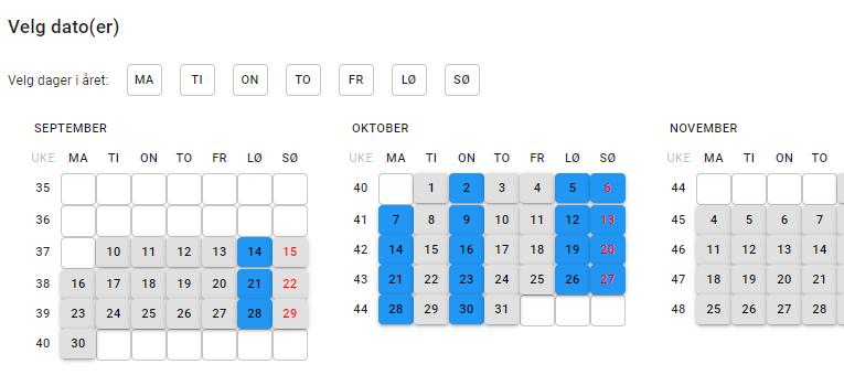 5.1 Kjøredager Valg av kjøredager er endret til å være en kalender som har mer fleksibilitet for å velge mange dager. Her kan du velge uker, måneder, alle tirsdager i en måned osv.