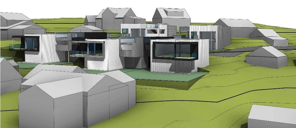 Figur 2: Aksonometri som viser planlagt bebyggelse sammen med eksisterende boliger. 4.