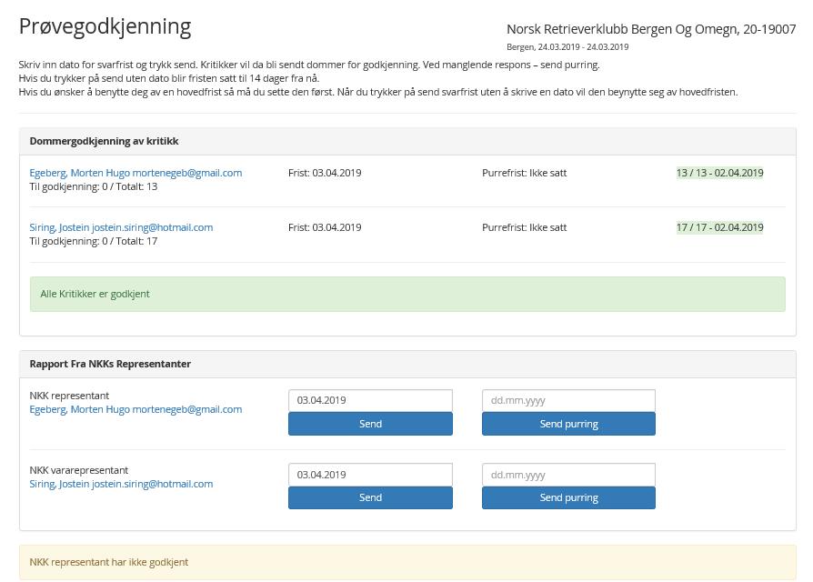 På samme måte som til dommere må prøveleder sende epost til NKK Rep. evt. vara rep.