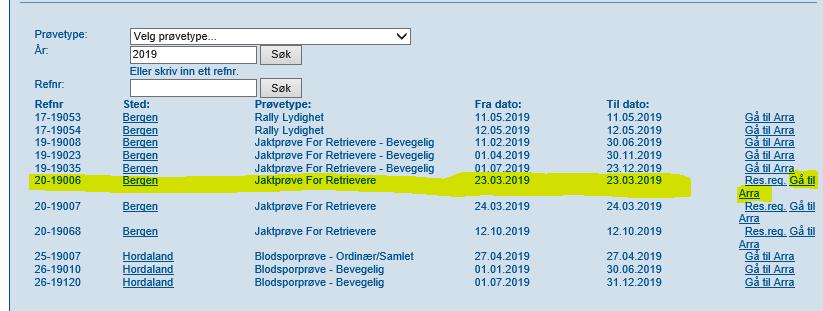 Du kan da enten velge å søke opp alle klubbens prøver for inneværende år eller skrive inn ref-nr.