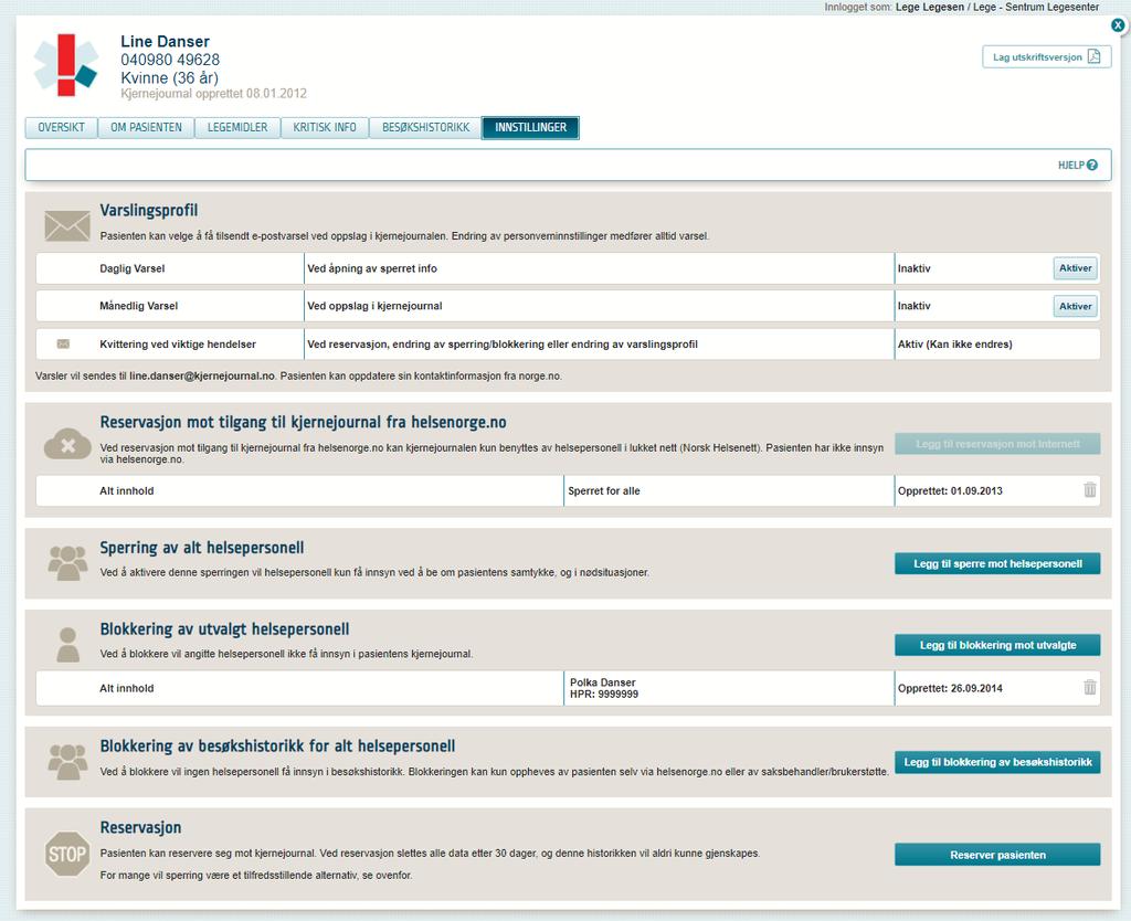 Innstillinger I siden «Innstillinger» kan helsepersonell bistå pasienten med å gjøre ønskede tilpasninger i kjernejournal.