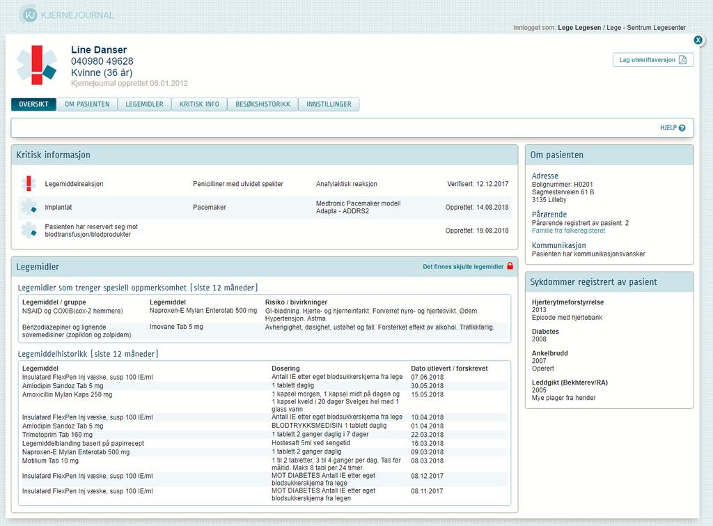 Oversiktsbilde sammendrag av informasjon Siden «Oversikt» er startsiden når pasientens kjernejournal åpnes.