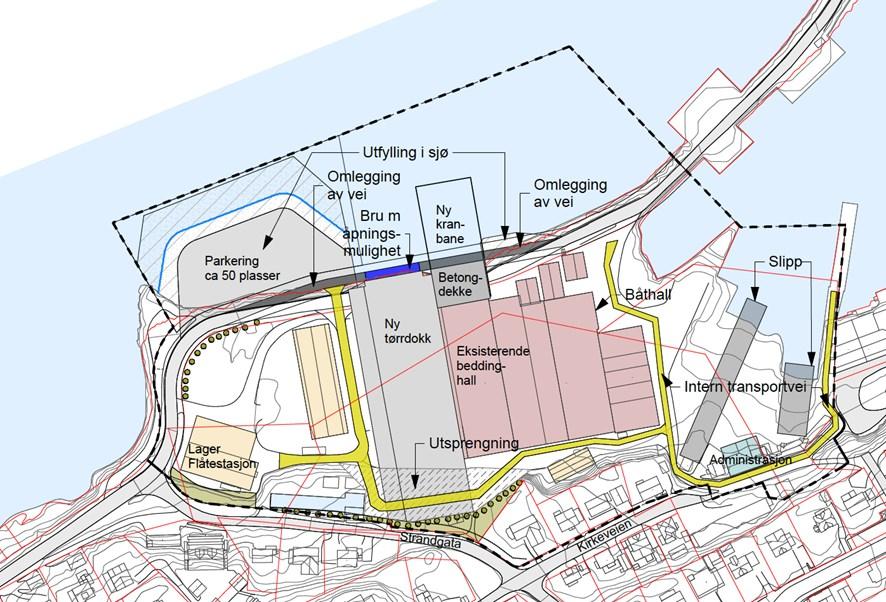 Side 4 av 7 Bebyggelsens plassering og utforming Tørrdokk planlegges plassert vest for eksisterende beddinghall. Gjeldende utnyttingsgrad for industriområde er BYA 55 %.