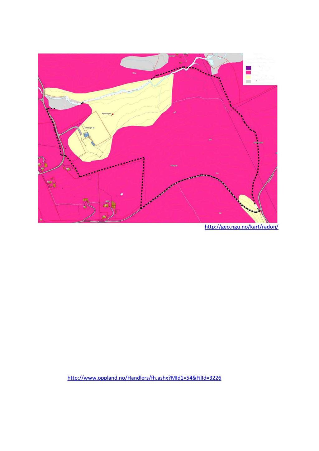 Radon Figur 1 : Radonkart Sort stiplet linje viser planområdets avgrensning( http://geonguno/kart/radon/ ) Planområdet er utsatt for radongass Områdene ligger i det geologiske området som kalles