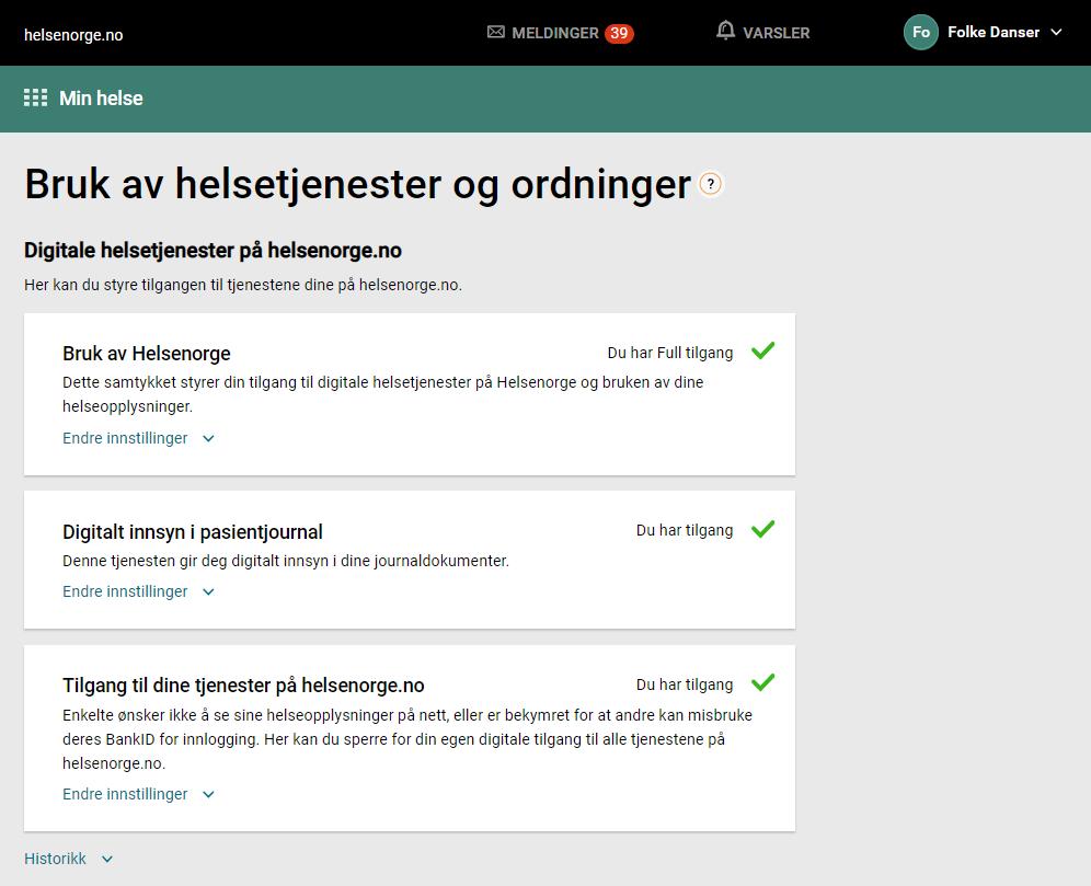 Bruk av helsetjenester og ordninger Et av valgene i din profil er Bruk av helsetjenester og ordninger. Her får du en oversikt over dine innstillinger for din bruk av Helsenorge.