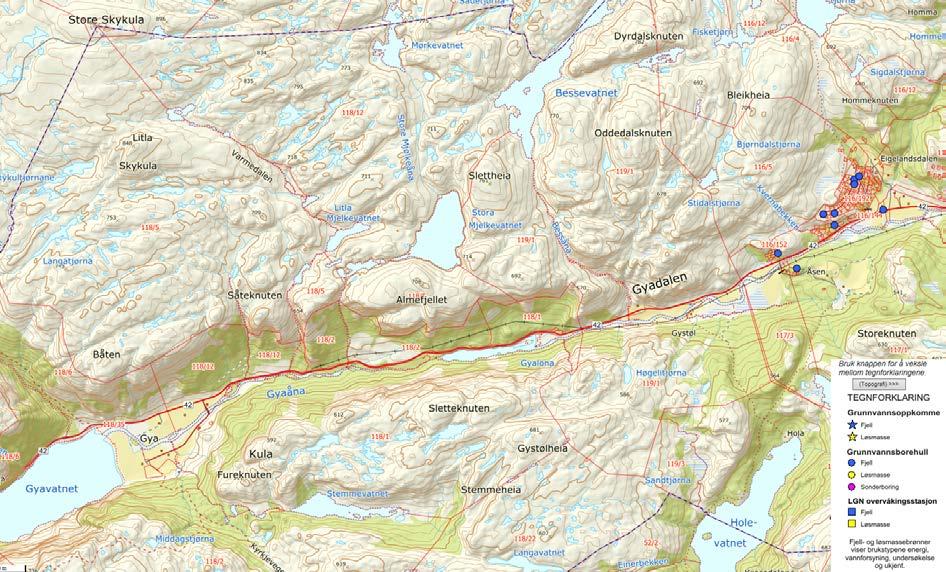 108 Vannforsyning og grunnvann I Gyadalen har de fastboende etablert brønner i dalsidene. Det ligger enkelte hytter på nordsiden av Gyaåna mellom Gystøl og Gya.