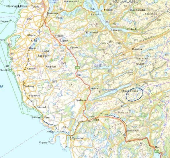 12 Figur 3.1 Lokalisering av tiltaksområdet (stiplet blått) 3.1 Eksisterende kraftverk Kart over Dalane Krafts eksisterende vannkraftverk og magasiner finnes i vedlegg 2. 3.1.1 Øgreyfoss kraftverk Øgreyfoss kraftverk utnytter i dag fallet mellom Øgreisvatnet og Slettebøvatnet rett nord for Egersund.