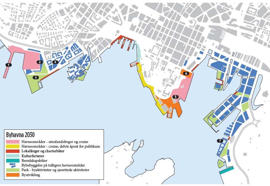 Utvikling av byhavna i perioden 2020-2030 1. Ny pir og cruiseterminal på Hjortnes bygges ut 2. Hjortnes fergeterminal inkl. Hjortnesbuen etableres 3.
