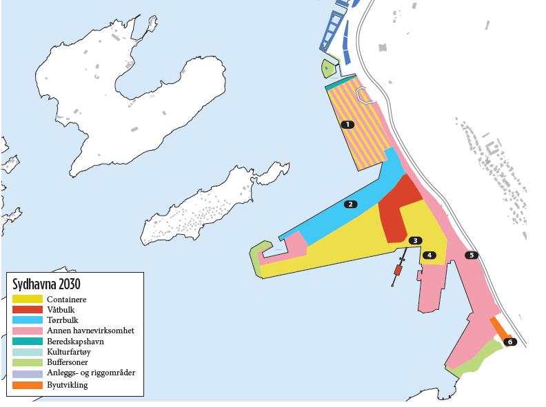 Utvikling av Sydhavna 2020-2030 1. Kongshavn: Nye kaier og arealopparbeidelse ferdig 2. Nordre Sjursøykai inklusive Søndre Kongshavnkai bygges ut 3. Utbygging av ny kai i Sjursøybukta 4.