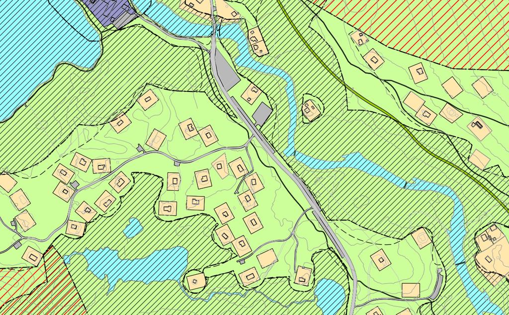 Utsnitt av gjeldende reguleringsplan for Grødalen, det er tre parkeringslommer langs vegen i området og to parkeringsplasser mot slutten av den kommunale vegen.