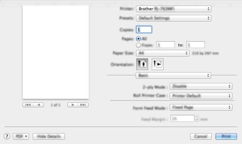 Bruke skriveren Innstillinger som kan endres ved hjelp av Mac-skriverdriveren (eksempler) 2 Grunnleggende popup-meny 2 2 1 2 4 1 2-ply Mode (2-lags modus) Angir innstillingen for bruk av 2-lags papir.