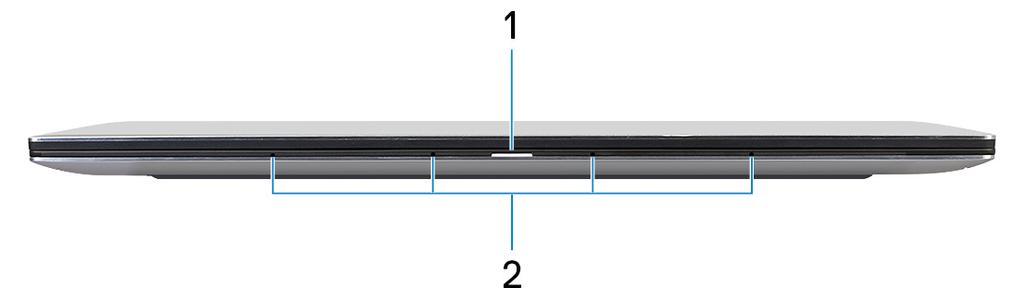 2 Visninger av XPS 9380 Foran 1 Strøm- og batteristatuslampe Angir strømtilstanden og ladetilstanden til datamaskinen. Lyser konstant hvitt - Strømadapteren er tilkoblet, og batteriet lades.