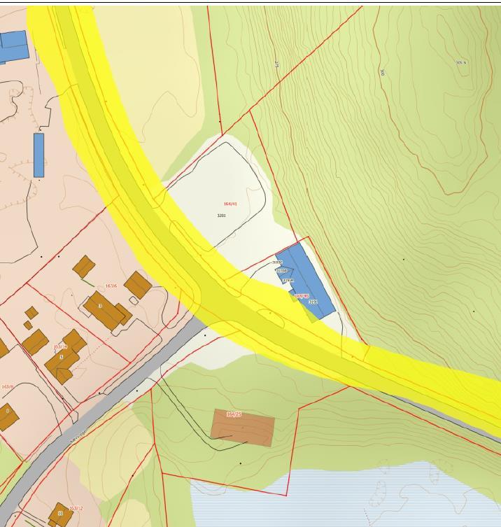 Figur 12: Kart som viser gul støysone langs fylkesveien 4.